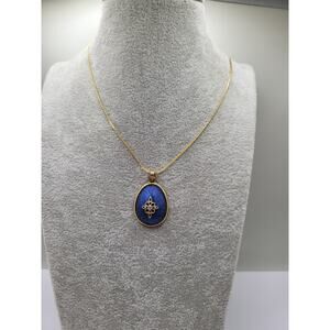 Vintage Silk Thread Pendant Necklace Blue Gold Tone Oval 24in Chain Filigree